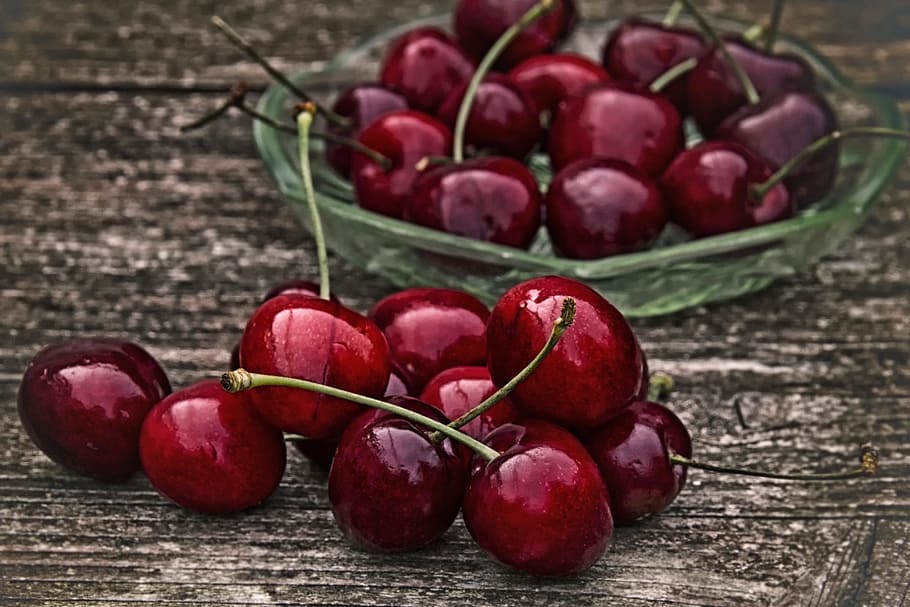 red, cherries, gray, surface, cherry, retro, sweet cherry, fruit, healthy, summer