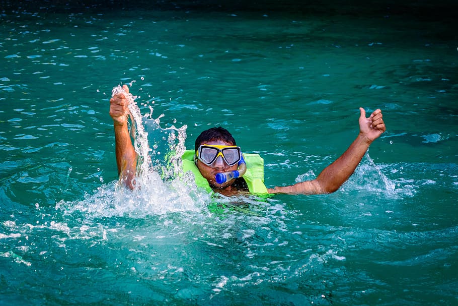 man, wearing, green, snorkel, body, water, beach, dive, diving, mask