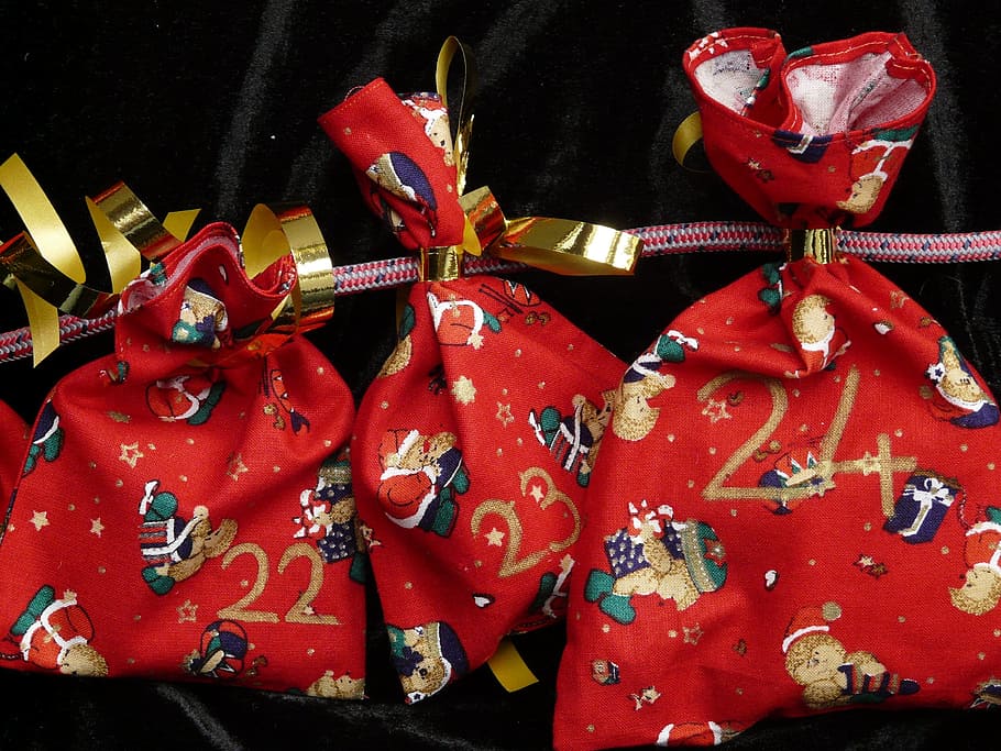 advent calendar, gifts, nicholas, bag, packed, surprise, advent, red, holiday, celebration
