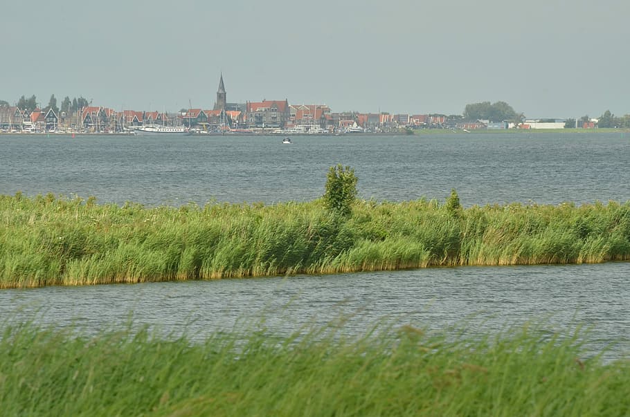 Water, Ijsselmeer, Reed, Wind, city, vista, mist, hazy, nature, landscape