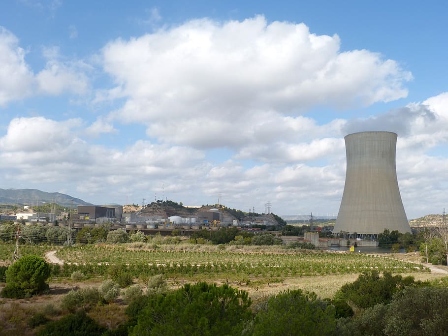 nuklir, energi, pusat, listrik, asco, catalunya, reaktor, menara pendingin, sungai ebro, struktur yang dibangun