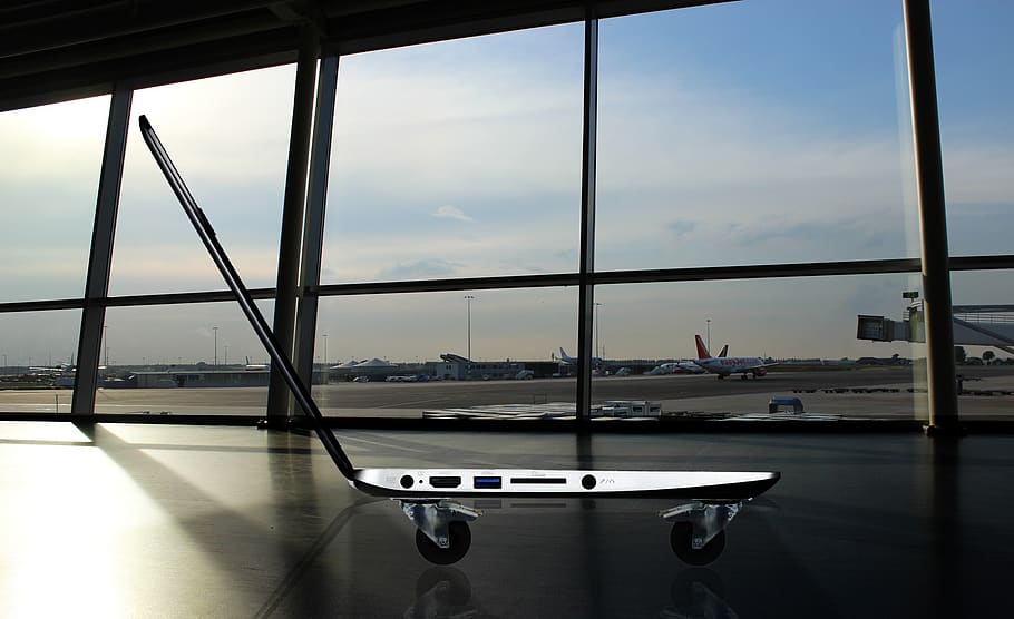 reflection, airport, water, travel, laptop, wheels, cloud, technology, sky, internet