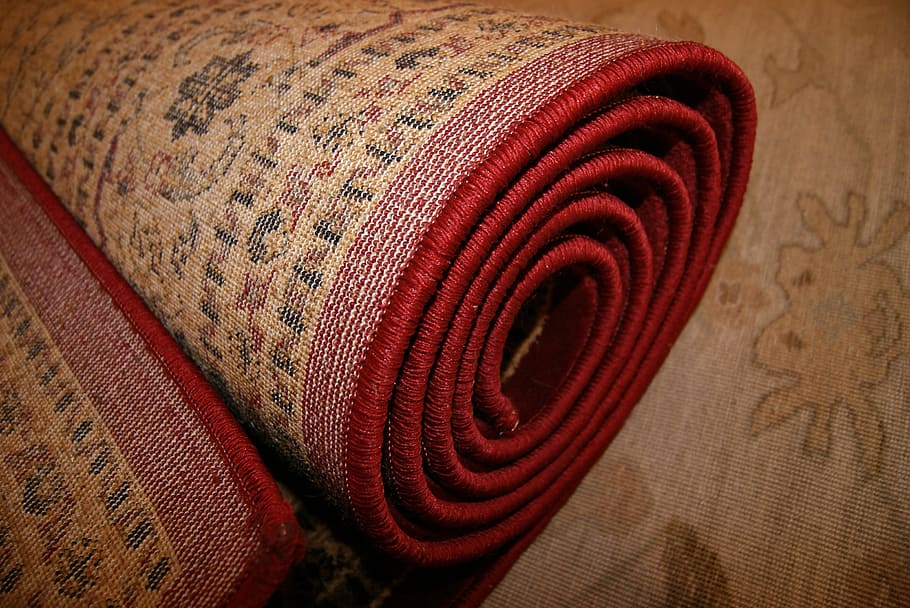 rolled, brown, red, floral, rug, carpet, woven, handmade, textiles, textile