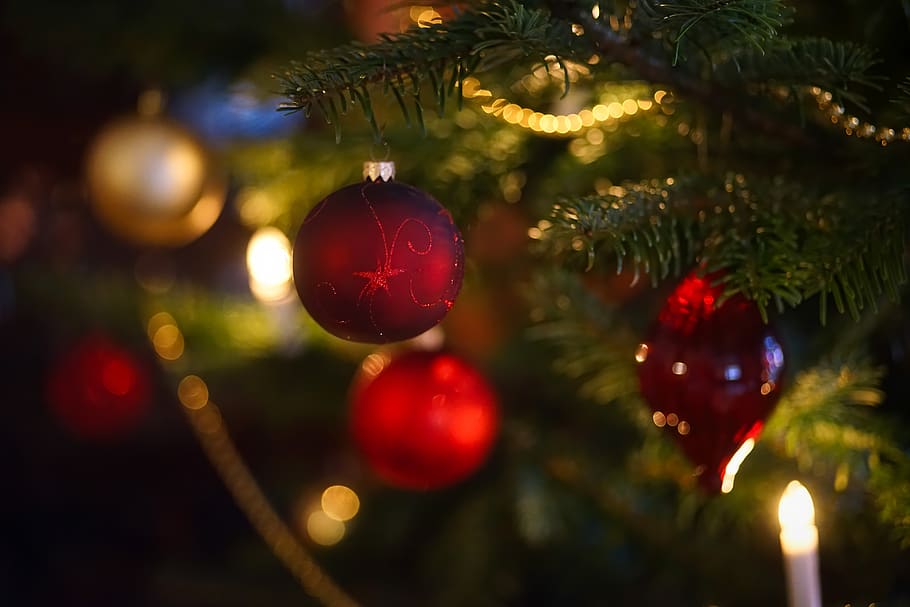 navidad, bolas de navidad, decoración, adviento, luces, saludo de navidad, bolas, oro, rojo, bokeh