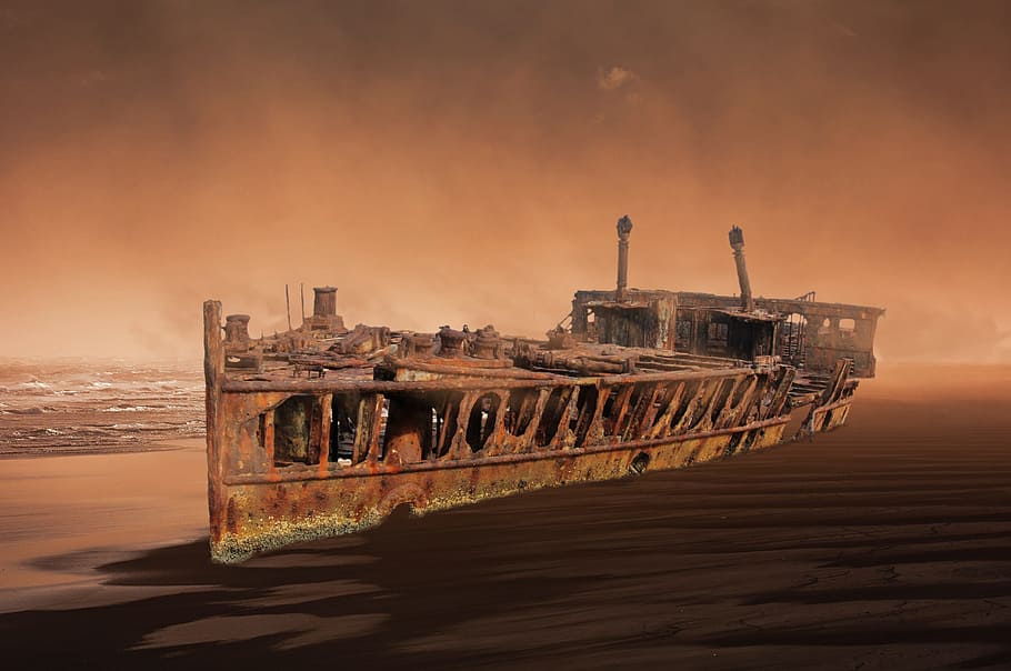 rusty, ship, ocean, wreck, old, boot, water, sea, setting, stainless