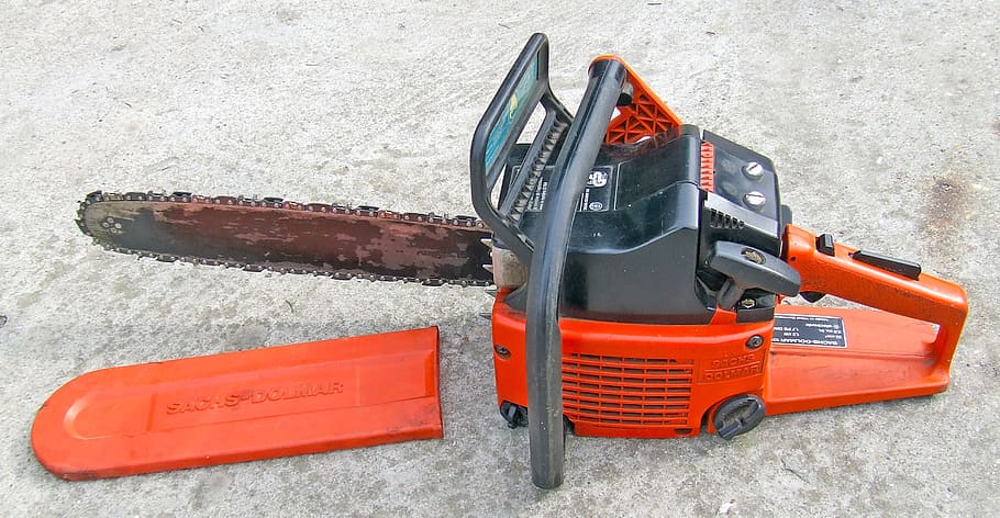 chainsaw, tool, wood-cutting, petrol chain saw, orange color, work tool, hand tool, close-up, day, red