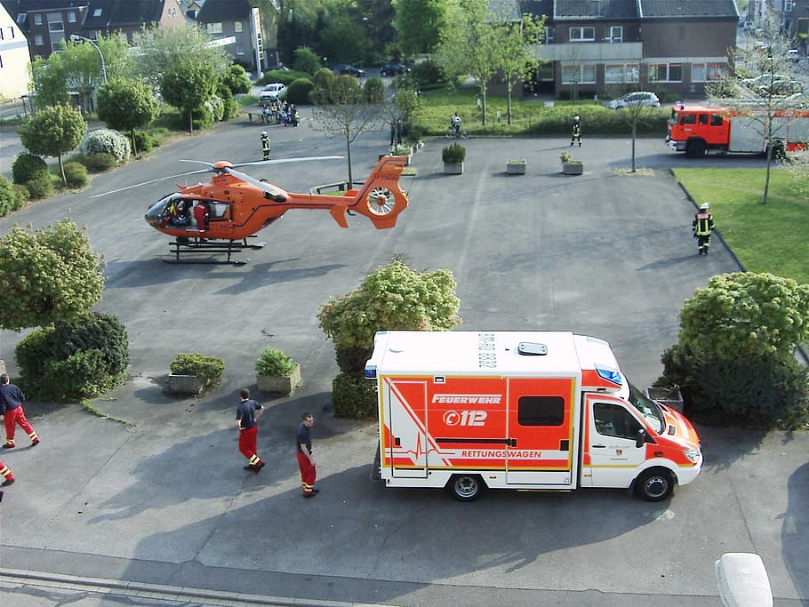white, orange, vehicle, people, helicopter, ambulance, doctor on call, ambulance helicopter, air rescue, first aid