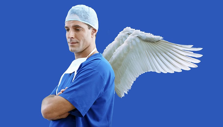 man, arms, crossed, wings, back, doctor, physician, angel, care, healthcare
