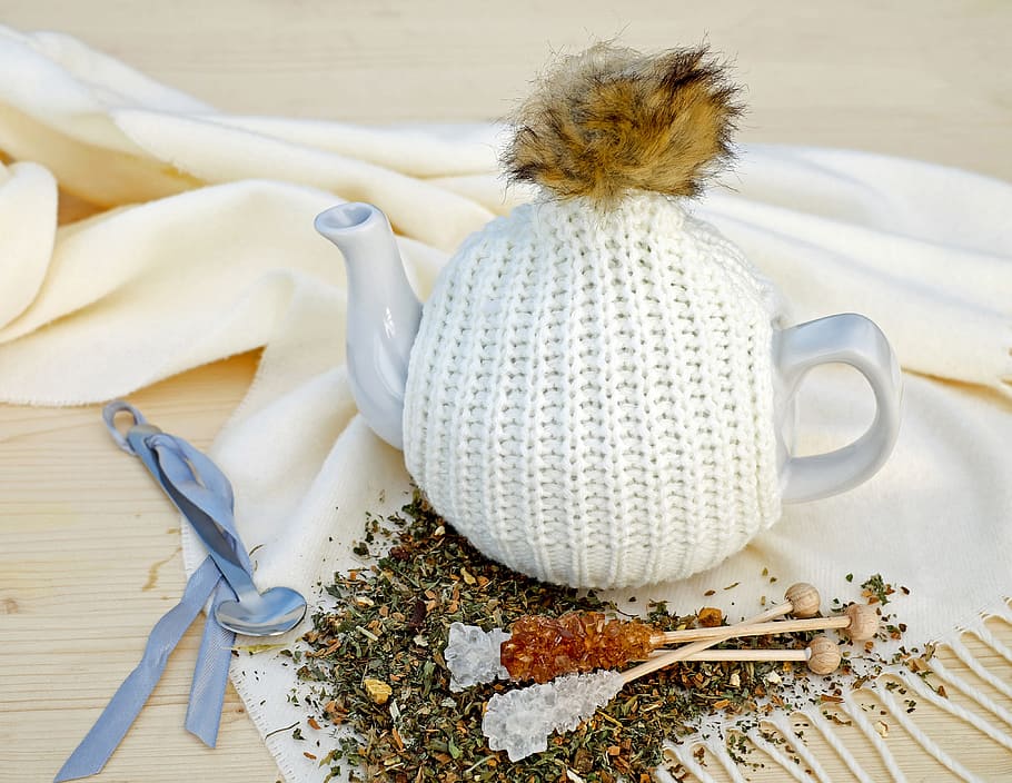 white, ceramic, teapot, textile, tee, drink, pot, knit hood, cap, sugar candy