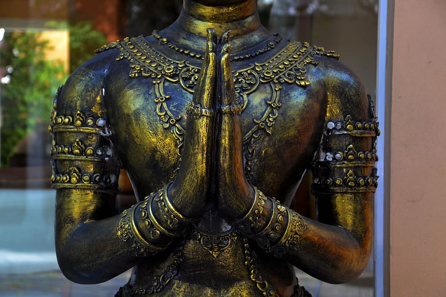 closeup, gold-colored statue, hands, praying, brass, statue, religion, buddhism, asia, culture