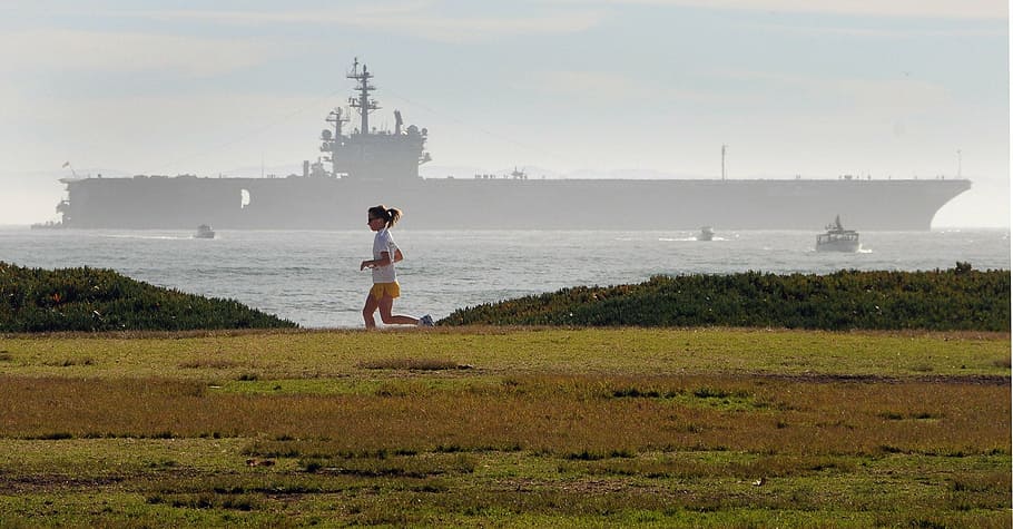 woman, running, blue, sea, female jogger, aircraft carrier, seaside, ocean, jogging, fitness
