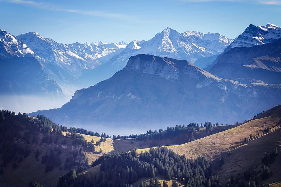 aerial, photography, mountains, daytime, switzerland, nature, swiss mountains, swiss alps, blue, haze