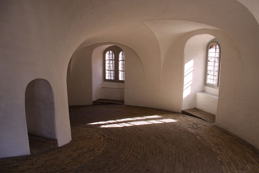 the round tower, windows, vault, painted white, sunlight, stengang, copenhagen, denmark, tourist attraction, window