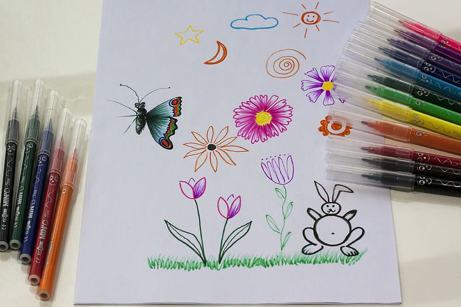 multicolored, butterfly, flower, drawing, assorted-color marker lot, felt tip pens, children drawing, paint, colorful, children picture