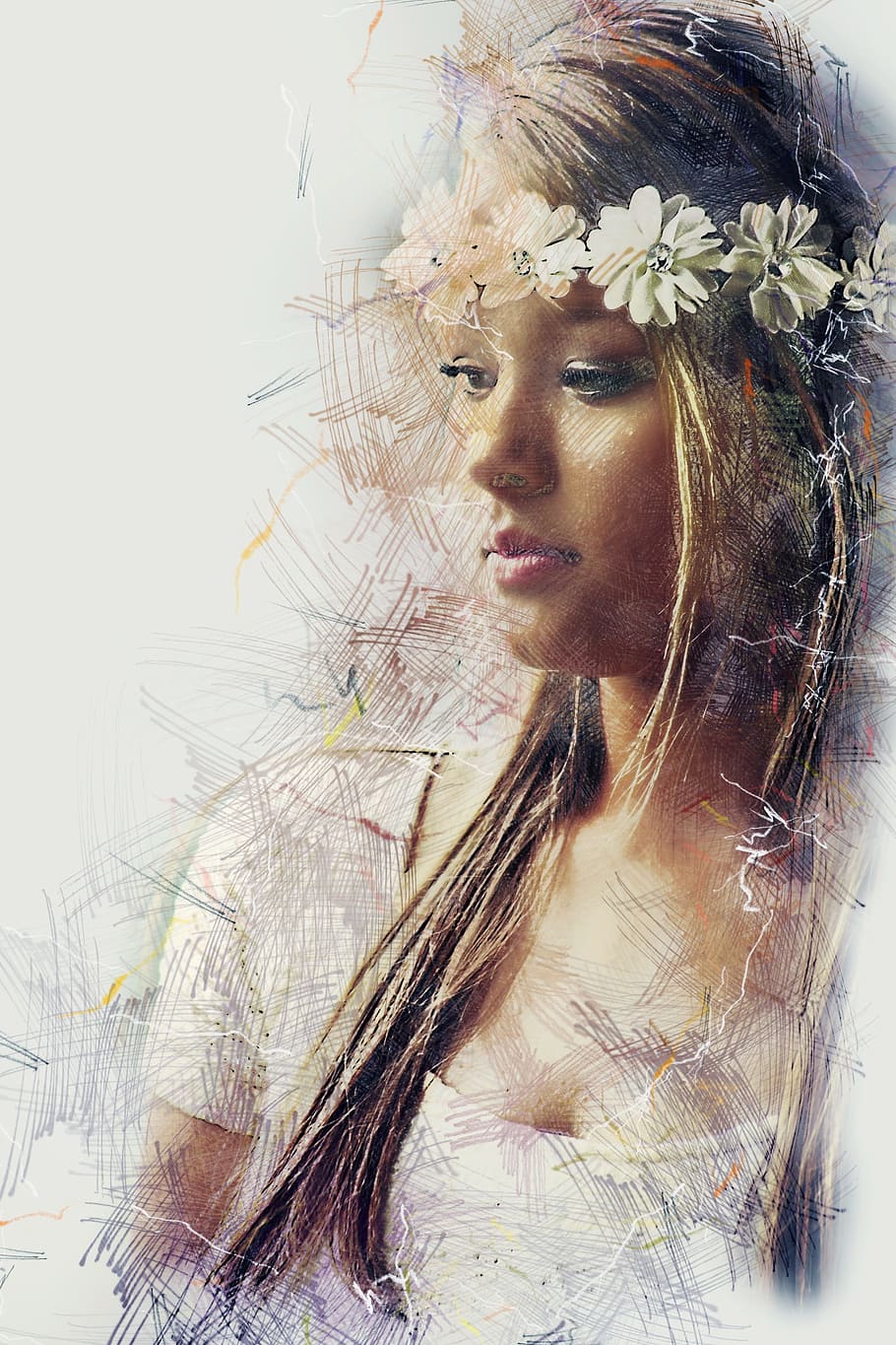 woman, wearing, white, scoop-neck shirt, floral, headdress, girl, pretty, beautiful, young