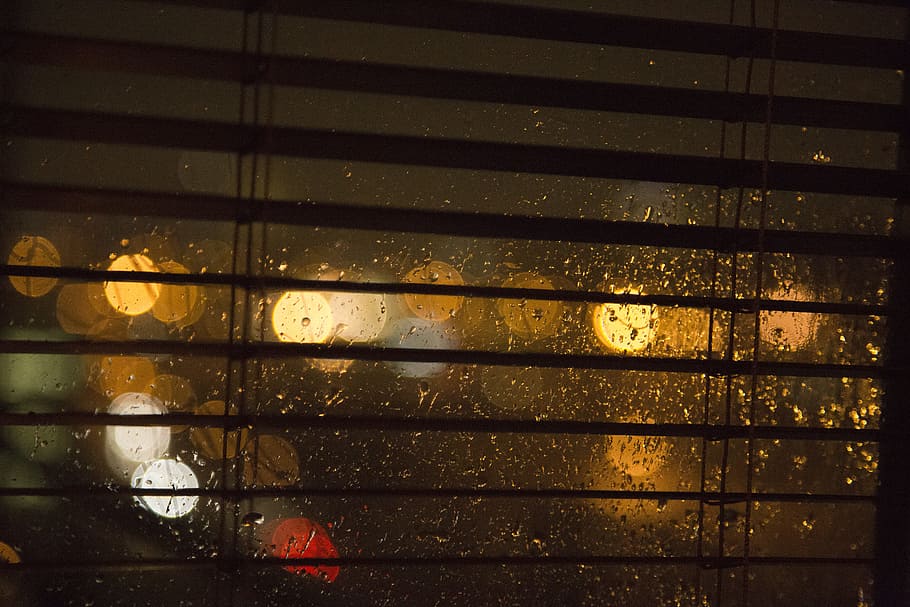 window blinds, rain, window, night, lights, bokeh, drops, droplets, wet, pattern