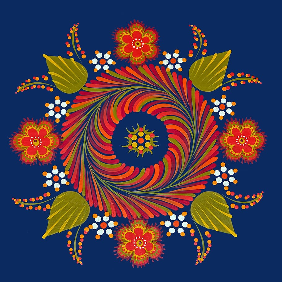 Rojo, verde, ilustración de flores, húngaro, mandala, flor, flor de mandala húngara floral, decoración, retro, hoja