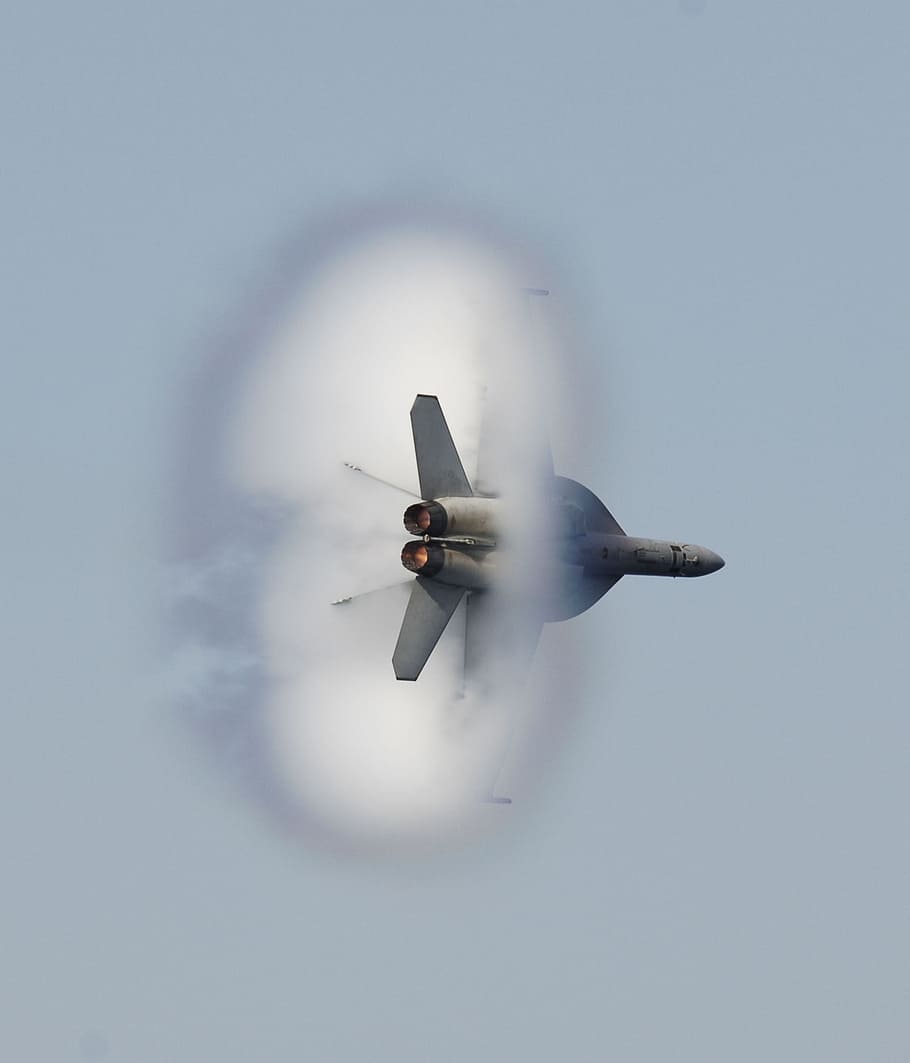 gray fighting jet, military jet, flight, flying, f-18, fighter, super hornet, airplane, sound barrier, breaking
