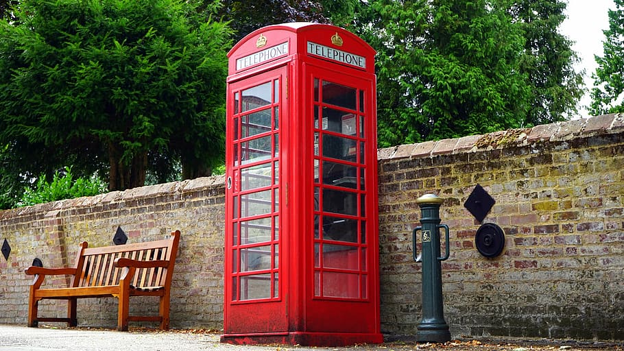 red, payphone, brown, wooden, bench, british, telephone, box, booth, england