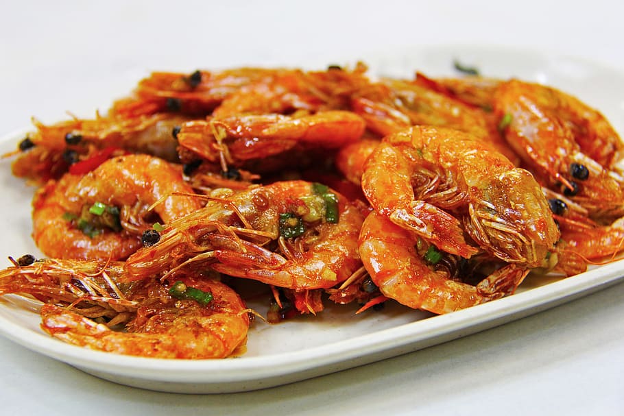 cooked, shrimps, white, plate, fried prawn, prawn, seafood, lunch, dinner, yummy