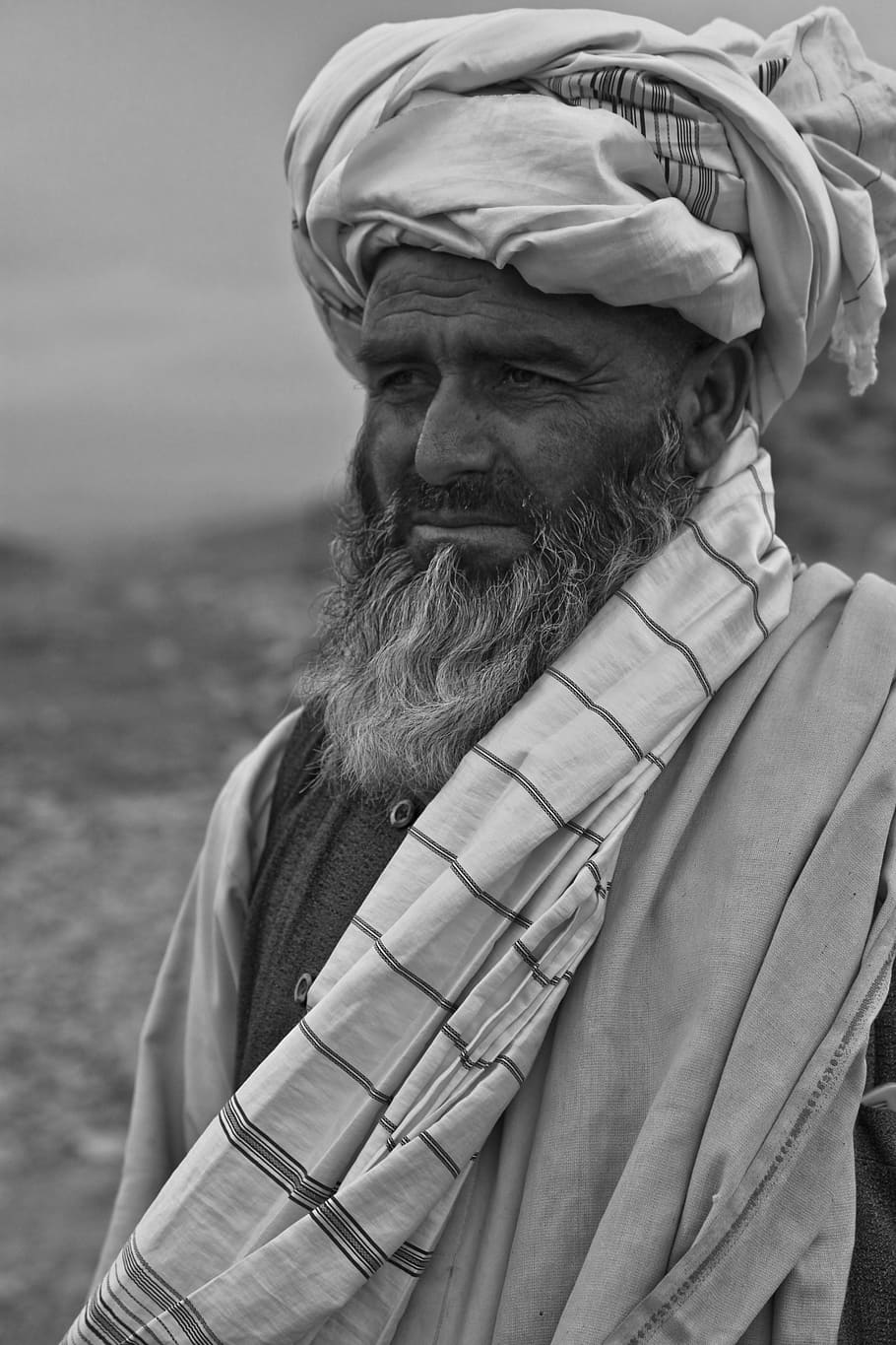 Hombre, viejo, Afganistán, persona, pensativo, turbante, retrato, musulmán, oso, tradición