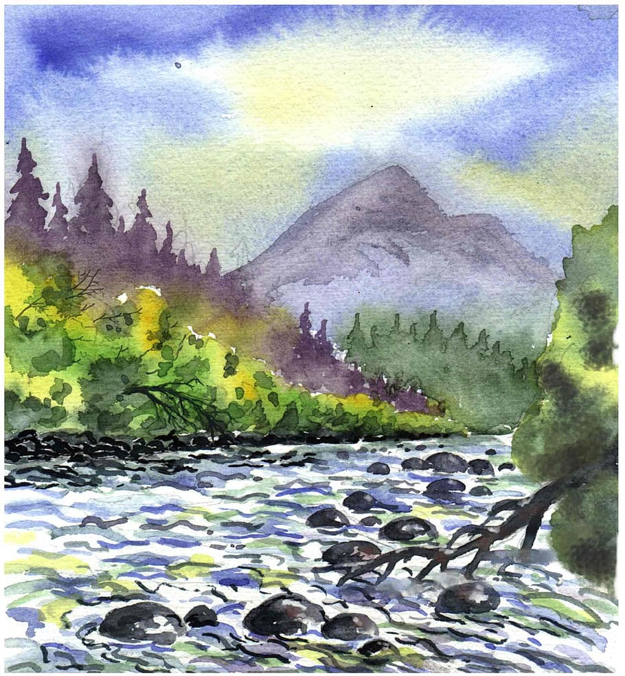 body, water, mountain painting, watercolour, painting, landscape, bach, trees, nature, auto post production filter