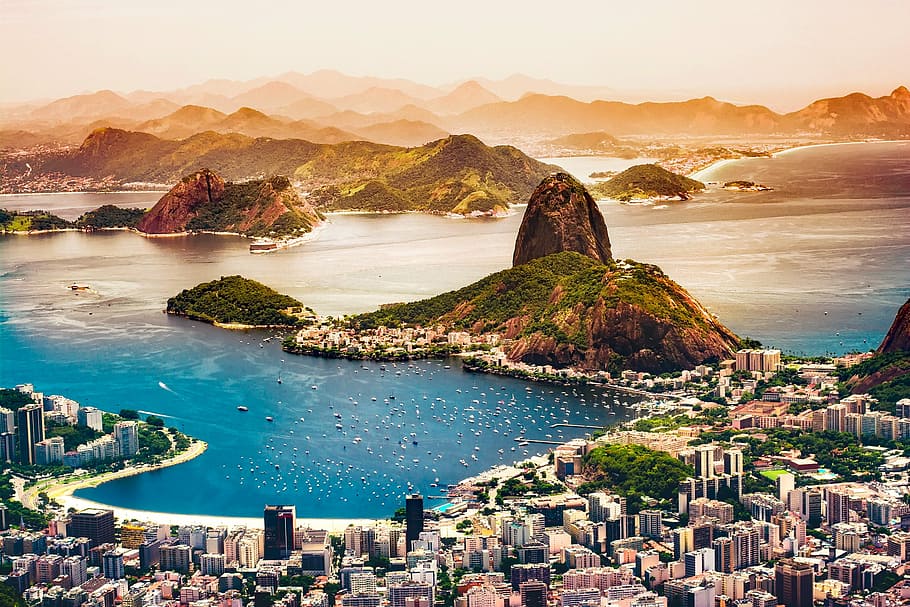 aerial, view, city buildings, lake, mountains, daytime, brazil, city, urban, tourism