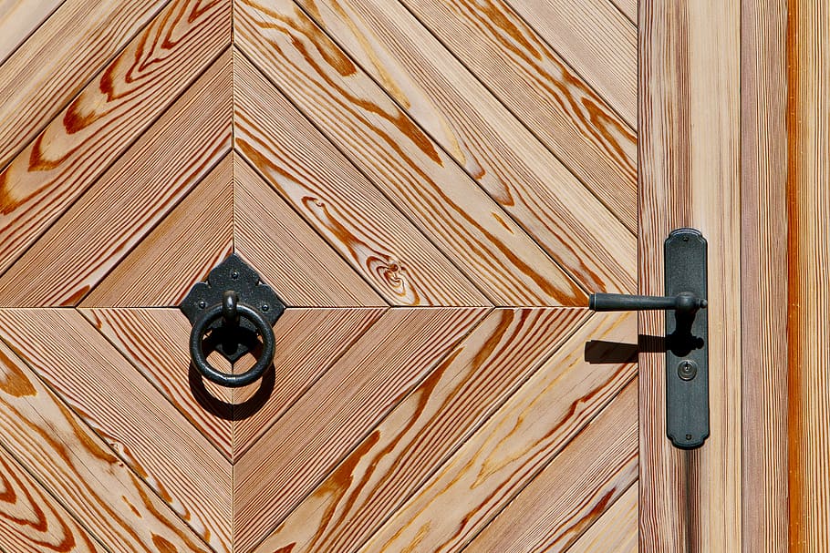 wooden door, call waiting ring, presser, geometric shape, door, wood - material, closed, close-up, lock, backgrounds