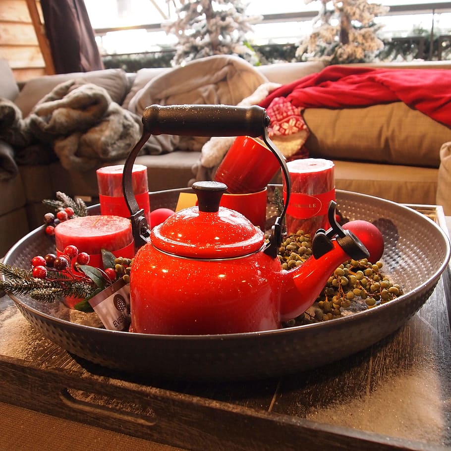 tea leaf, tea pot, boiler, table, cosy, enjoy, red, food and drink, indoors, focus on foreground