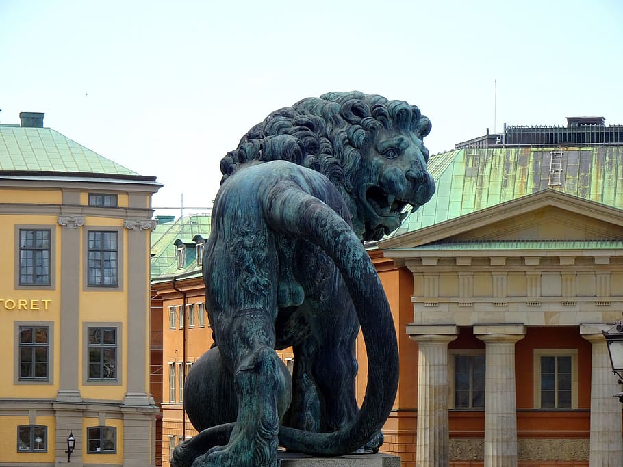 stockholm, sweden, lion, space, sculpture, building, cityscape, capital, swedish, tourism