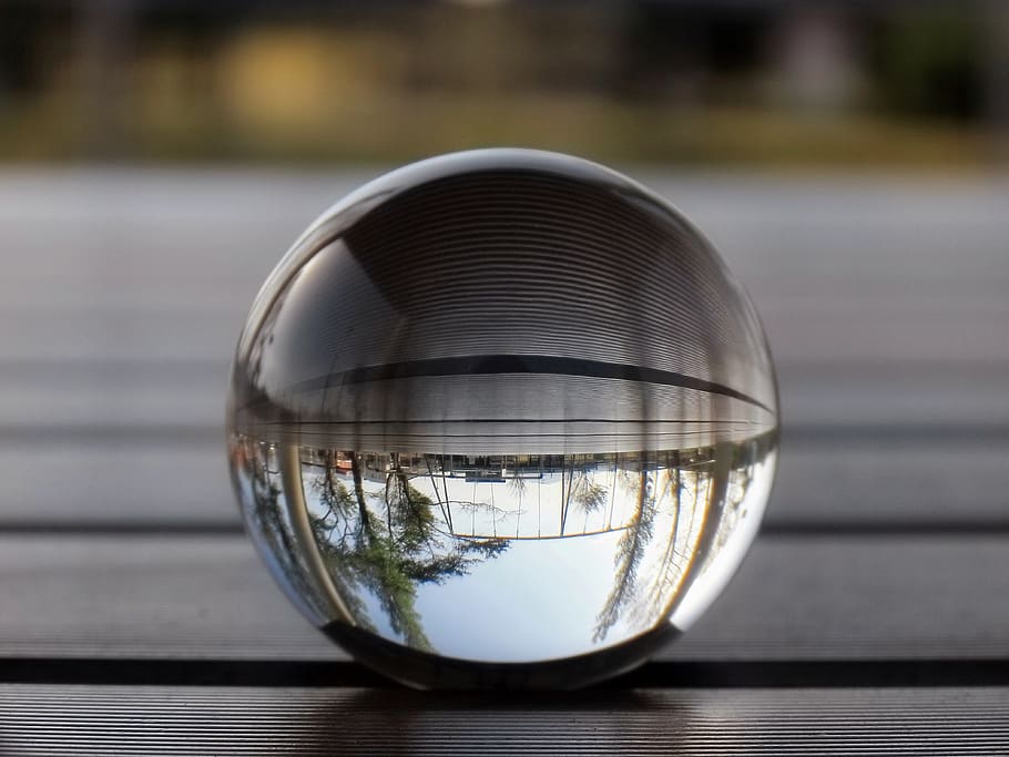 natural, paisaje, vidrio, cuentas de vidrio, bola de cristal, bola, reflexión, espejo, el mundo al revés, primer plano