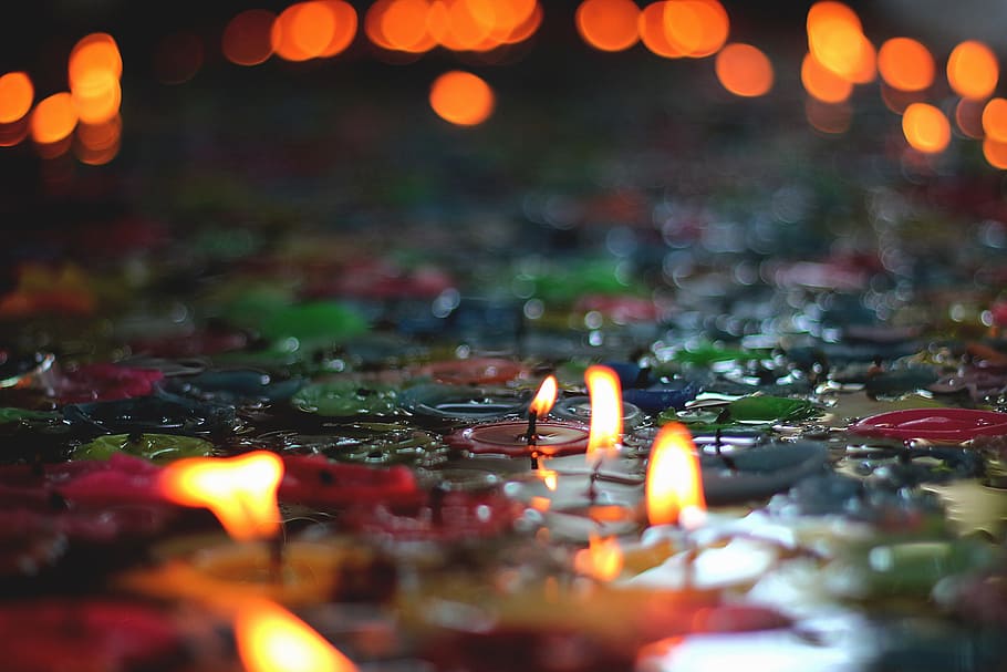 tealight candles, tilt shift photography, candles, bright, light, flame, decoration, celebration, holiday, fire