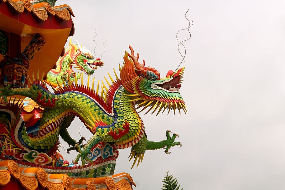 green, brown, dragon figurine, dragon, taiwan, chinese temple, temple, hualien, chinese dragon, representation