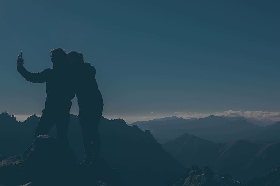 silhouette, couple, taking, top, mountain, man, woman, nighttime, selfie, love