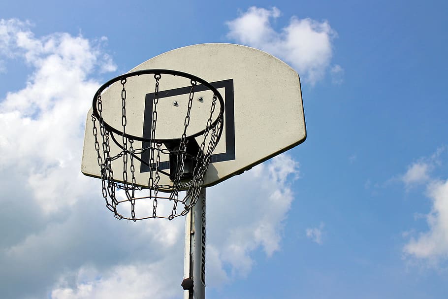white, black, basketball system, blue, sky, daytime, basketball hoop, sport, basketball, basket