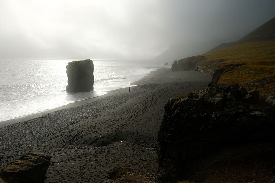 iceland, beach, fog, moody, gloomy, nature, landscape, outdoors, shore, ocean