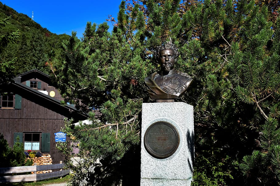 king ludwig ii, bavaria, bust, king of bavaria, memory, the house of wittelsbach, fairy king, mountain guest house, herzogstand, hiking