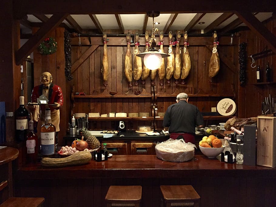 Spain, Restaurant, Ham, Food, Bar, Jamon, cheese, wooden, beef, background