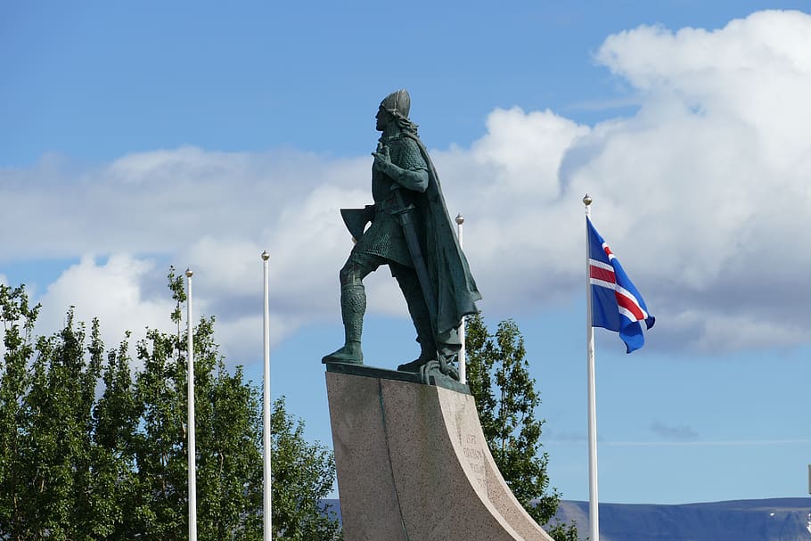 reykjavik, iceland, sculpture, figure, statue, art, monument, viking, armor, middle ages