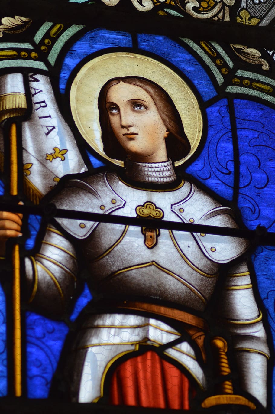 stained glass, colorful, chapel, window, young, girl, armor, warrior, halo, flag