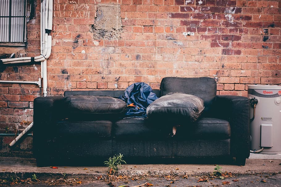 hitam, 3-kursi, 3-kursi sofa, di samping, dinding bata, kulit, kursi, sofa, abu-abu, air