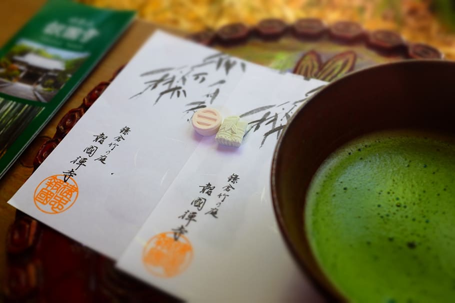 Kamakura, Japón, el paisaje, verde, fondo, ceremonia del té, matcha, caligrafía, primer plano, interior