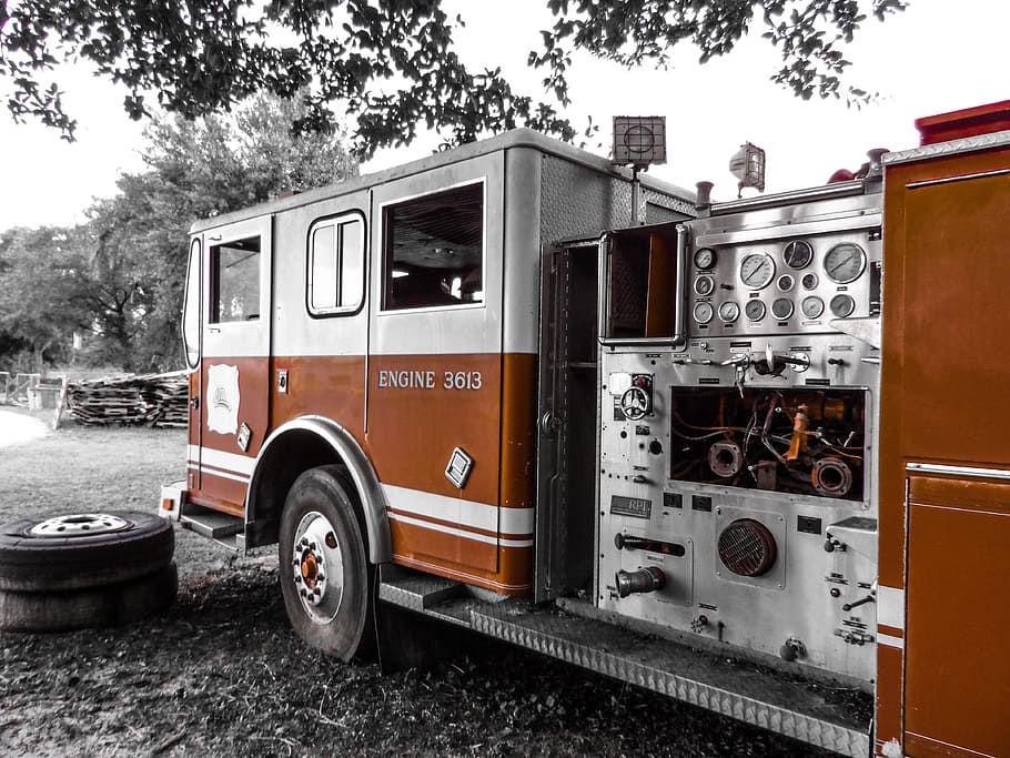 grayscale photo, firetruck, tree, fire, engine, antique truck, old fire engine, fire truck, retro, transportation