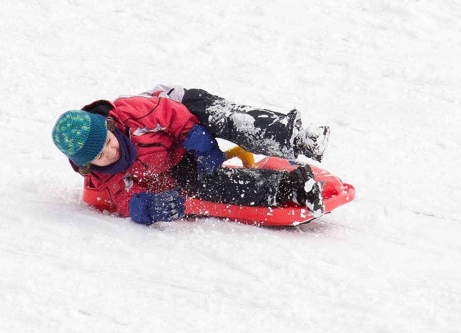 two, children, playing, sled, snow, toboggan, winter, slide, white, runway