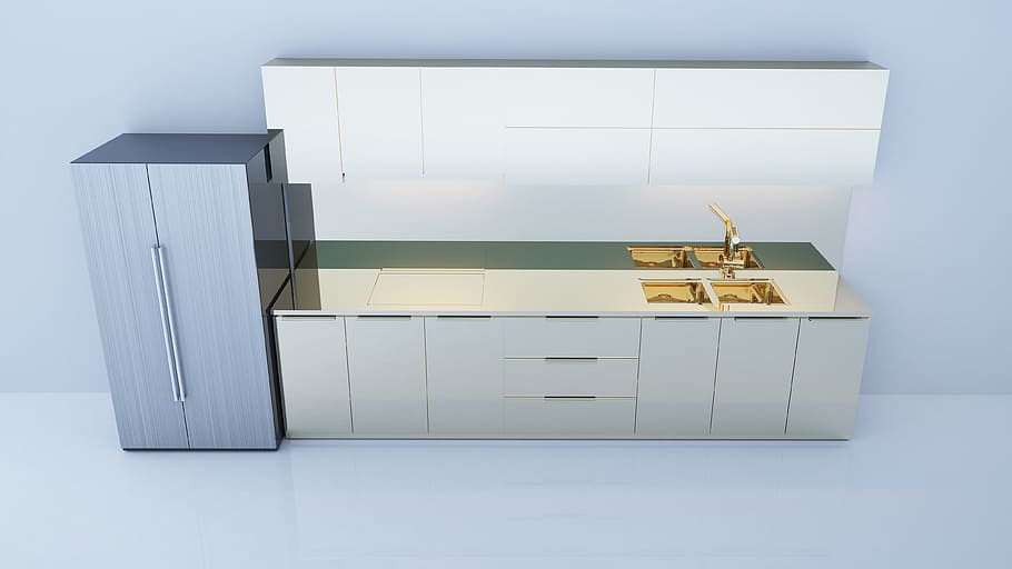 white, wooden, kitchen cupboard, interior design, kitchen, 3d, kitchen interior, modern, furniture, sink