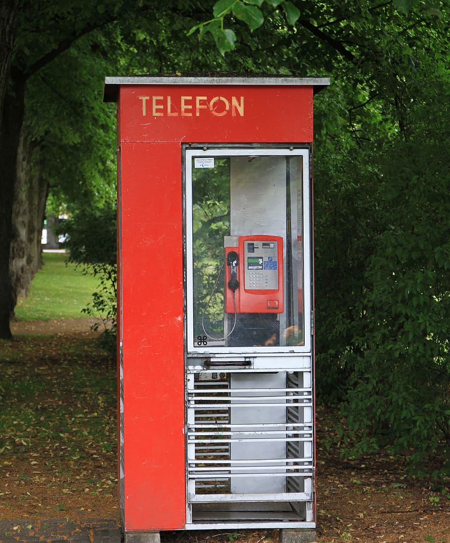 telephone booth, telefon, red, park, oslo, norway, vintage, old fashioned, telephone, booth