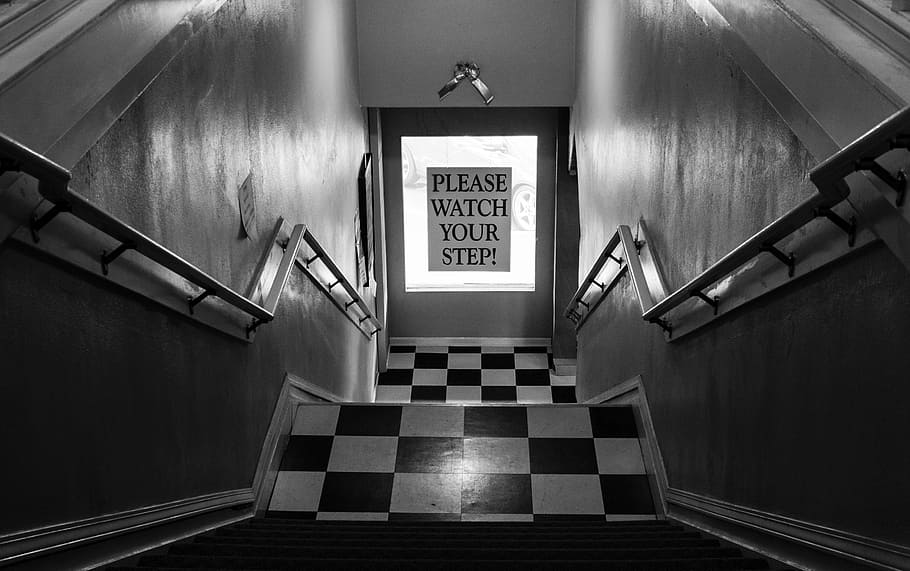 staircase, please, watch, step signage, door, stairs, vintage, retro, architecture, black And White