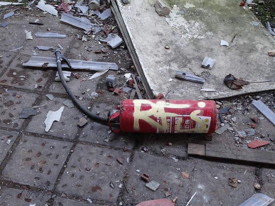 Fire Extinguisher, Old, Defect, fire, red, equipment, antique, dirty, damaged, abandoned