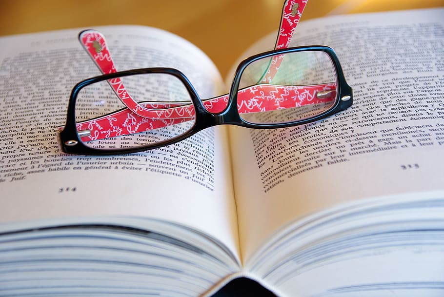 black, framed, eyeglasses, book page, open book, reading, sunglasses, page, glasses, publication