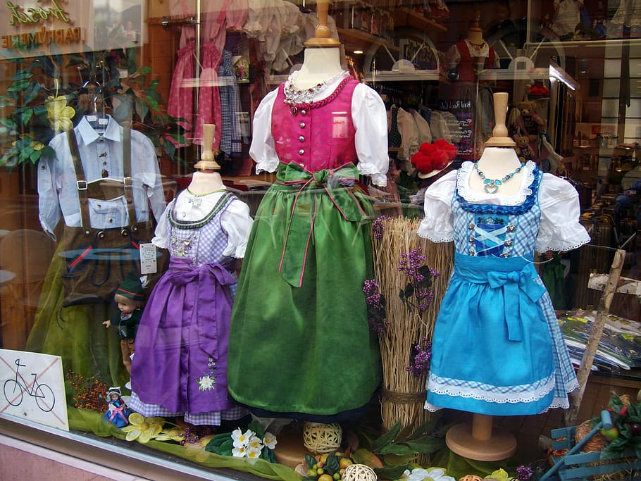 costumes, dirndl, costume, tradition, colorful, window, color, clothing, retail, human representation